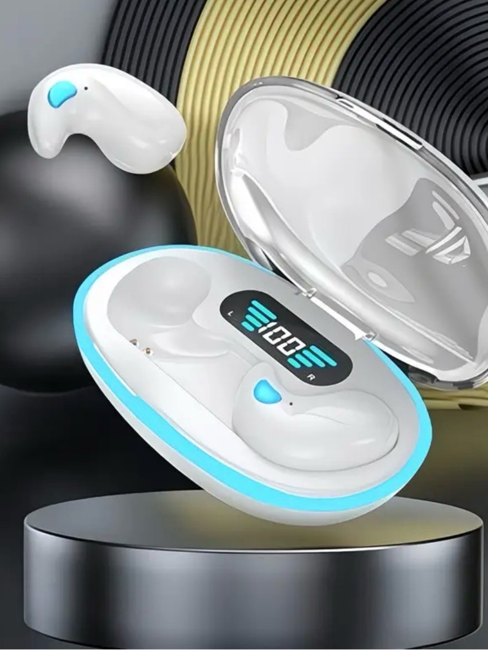 LED Display True Wireless Earbuds with Aqua Accent